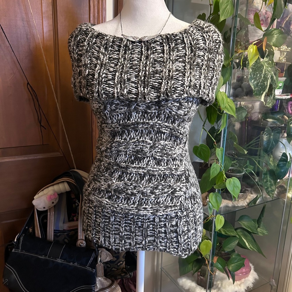 Y2K At Last New York Marled Grey Cable Knit Off Shoulder Sweater Dress Small